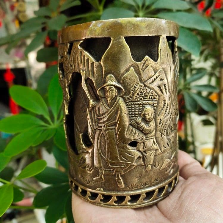 銅器 二重透かし彫りの筆箱 書道具 文房具 工芸品 美術品 置物