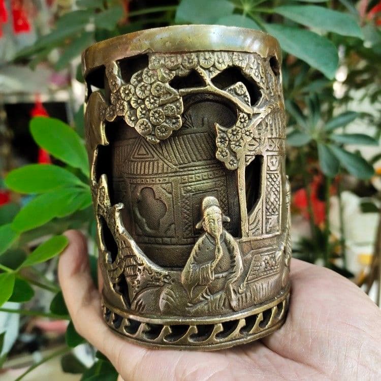 銅器 二重透かし彫りの筆箱 書道具 文房具 工芸品 美術品 置物