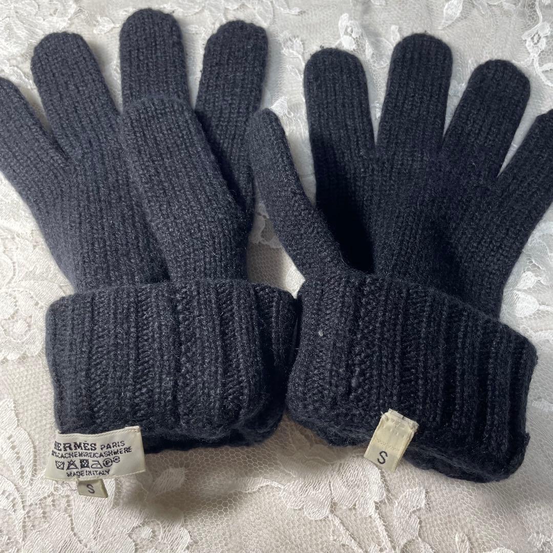 エルメス カシミヤ手袋 ダークブルー 5本指　暖かい