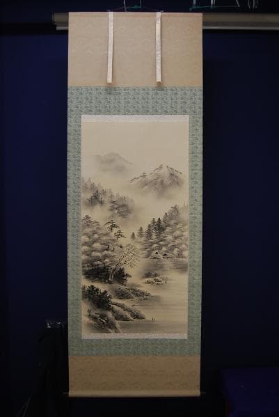 真作/観月/山水釣人図/布袋屋掛軸HB-313