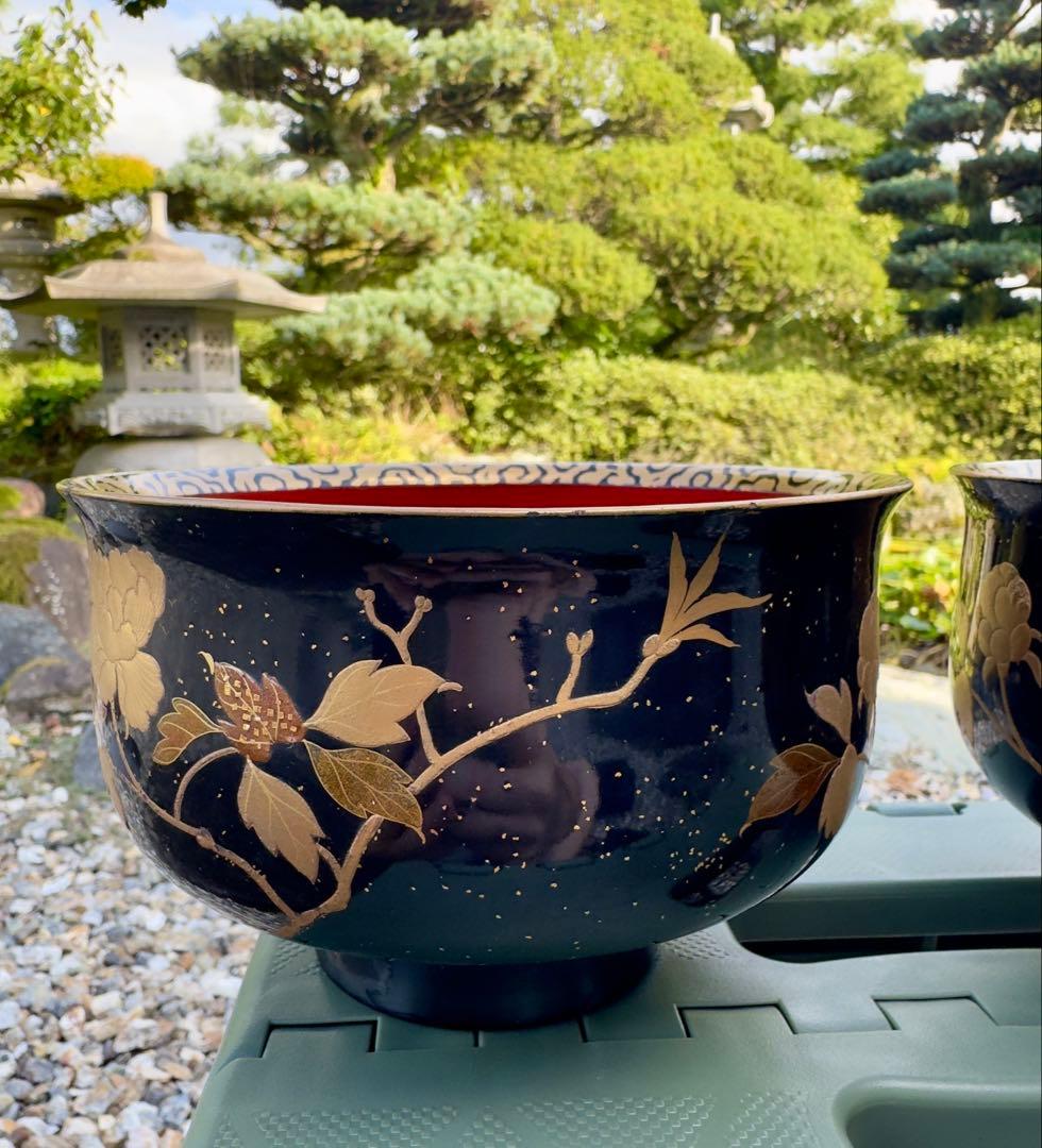 美品　漆塗り　会津塗り　茶碗　龍2客セット