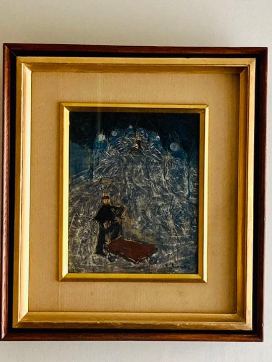 西村功 「 車を引く赤帽　」　F3号 油彩