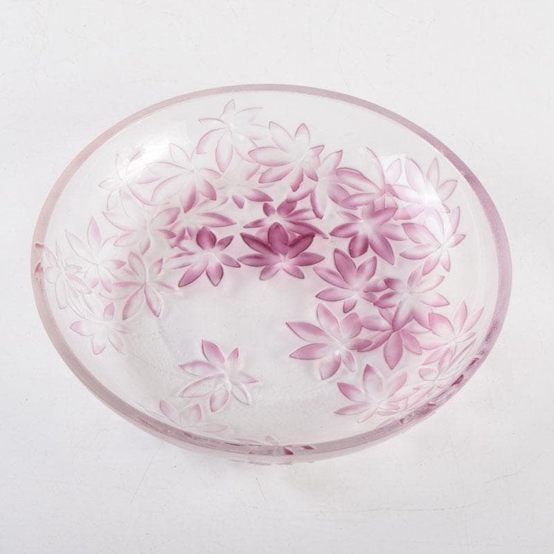 ガラス工芸　荒木良忠作　玻璃彫刻　金赤楓はがさね文皿　共布共箱　C　9197