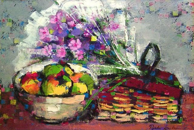 油絵 絵 絵画インテリア 額付(黒) uF6-062104 静物 花束 フルーツ