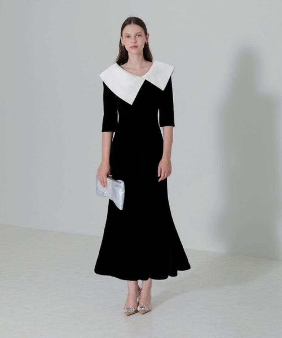 【LEJA】配色アシンメトリービッグカラーベロアマーメイド ドレス