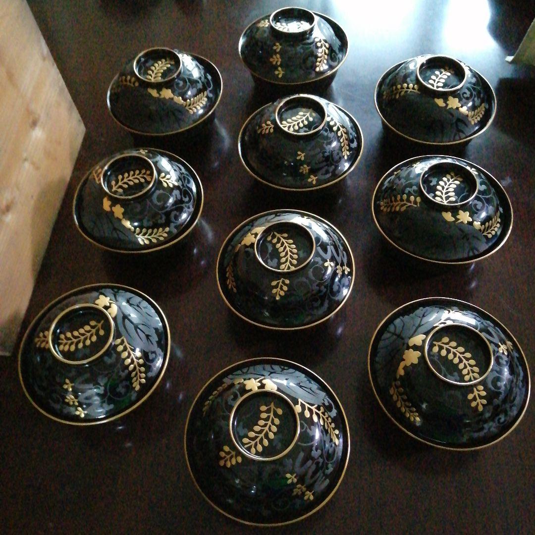 木製漆器　藤紋蓋付煮物椀　10客　13cm　大正〜昭和初期　椀中ヤケあり