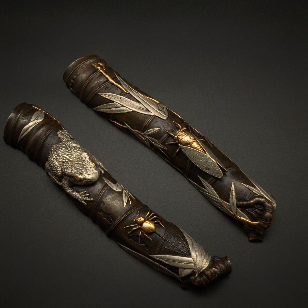 銅製鎮紙　文鎮　夏虫の図　鎮尺　金工師　金工品　絵金銀　竹形　インテリア置物