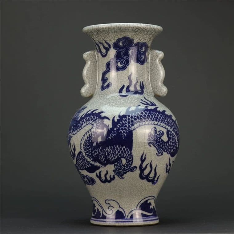 青花竜紋両耳花瓶 景徳鎮 陶磁器 装飾品 現代工芸品 美術品 置物