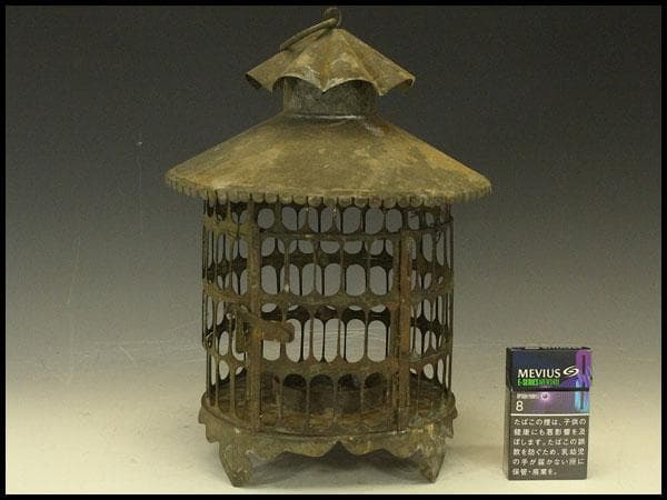吊り灯籠 高32cm 時代 庭道具 鉄製(LC622)