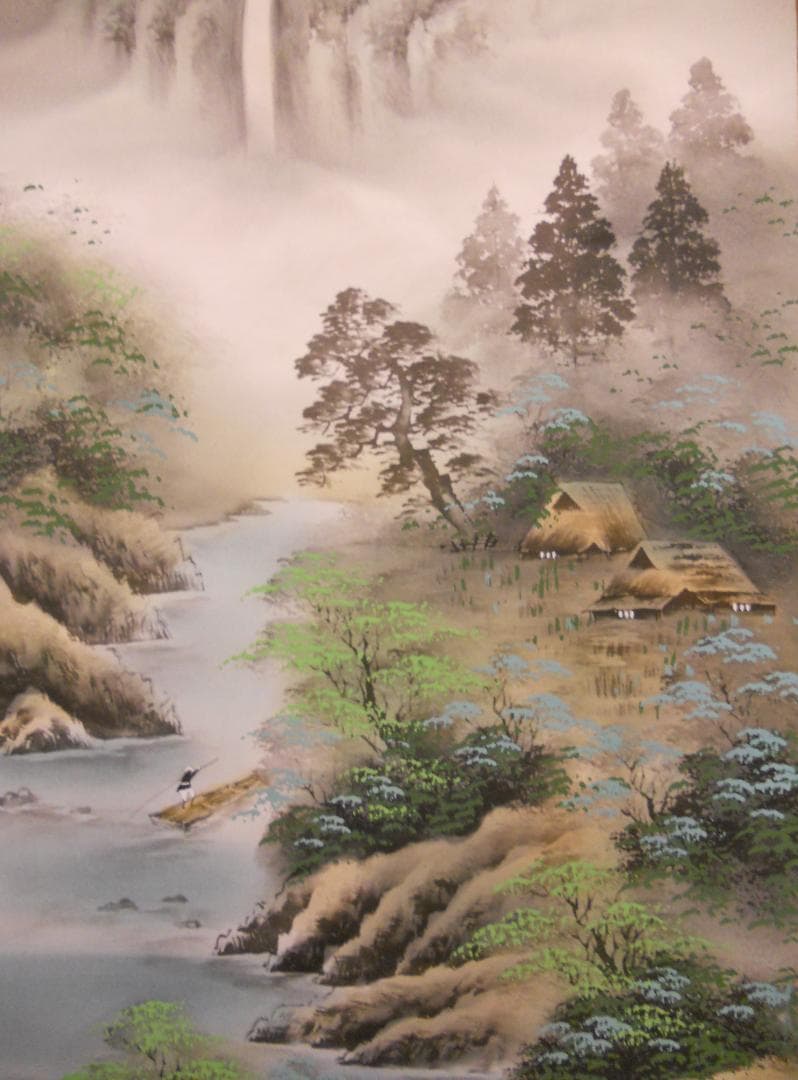 掛け軸 玉芳 彩色山水 絹本 希少 軸装 茶道具 掛軸 美品 です。