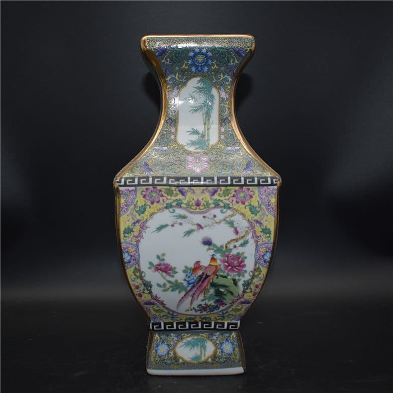 清乾隆琺瑯彩四方花鳥尊瓶 景徳鎮 陶磁器 装飾品 現代工芸品 美術品 置物