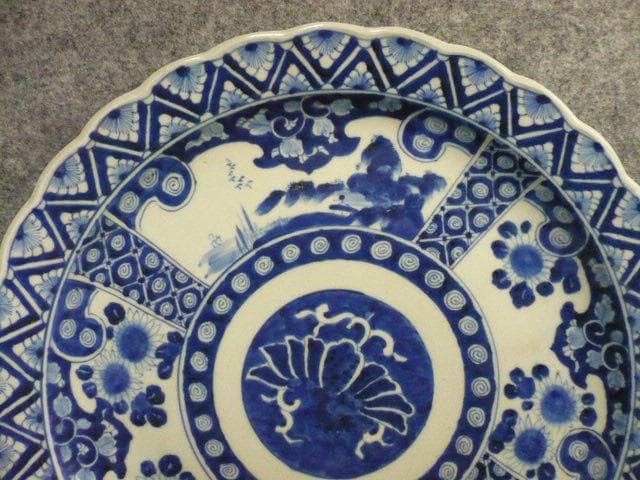 伊万里 風景図 染付 大皿 [B31359]