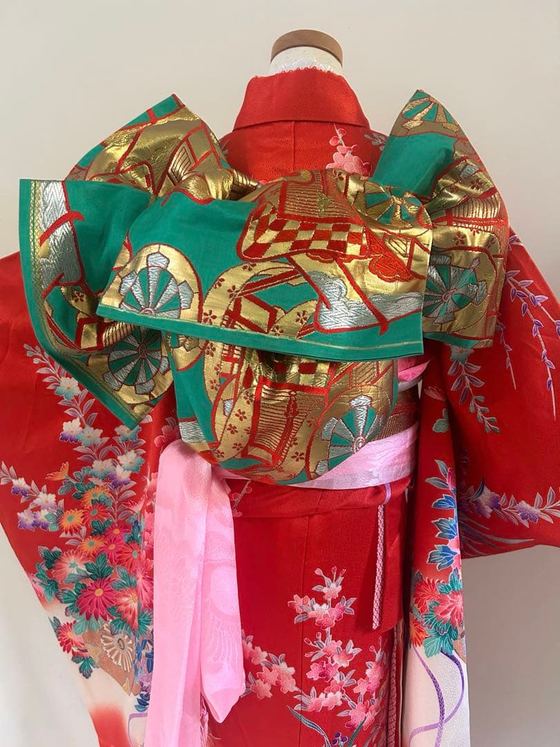 7歳　七五三　ちりめん正絹着物　古典柄　帯　帯揚げ　帯締め　しごき　セット