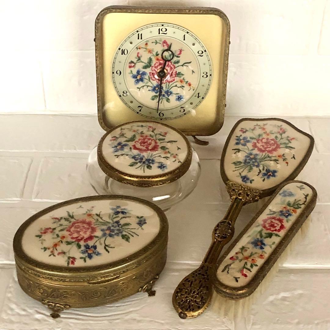 美品＊希少∮英アンティーク＊プチポアン＊プチポワン＊時計 ブラシ 小物入れ 5点