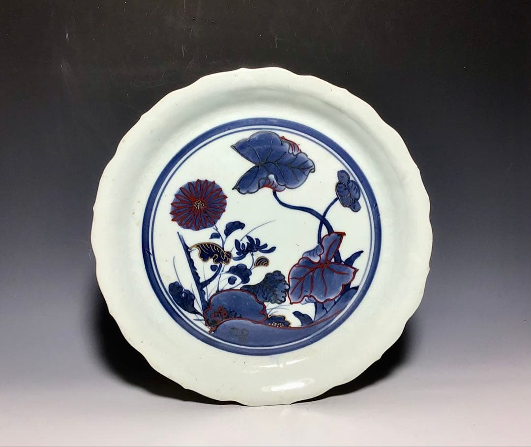 「古九谷」金銀彩菊花芋葉文中皿