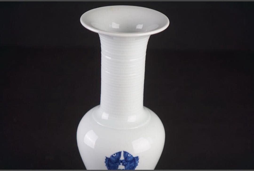 九谷 須田菁華 造 染付雙魚絵花瓶 共箱 華道具 保証品