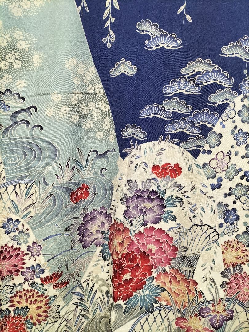 加賀友禅振袖　正絹　藍色　美品　縁起良い柄　成人式　長襦袢つき