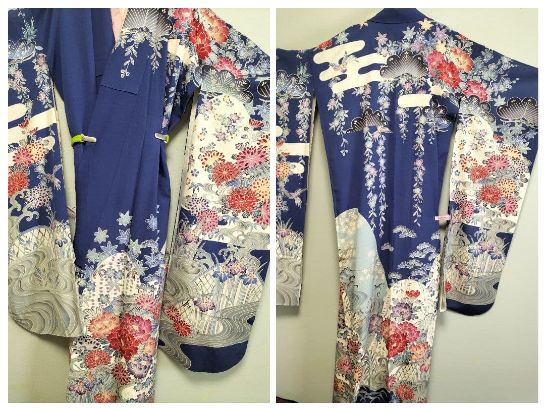 加賀友禅振袖　正絹　藍色　美品　縁起良い柄　成人式　長襦袢つき
