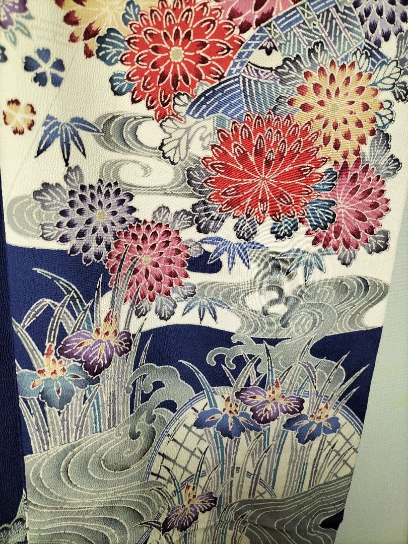 加賀友禅振袖　正絹　藍色　美品　縁起良い柄　成人式　長襦袢つき