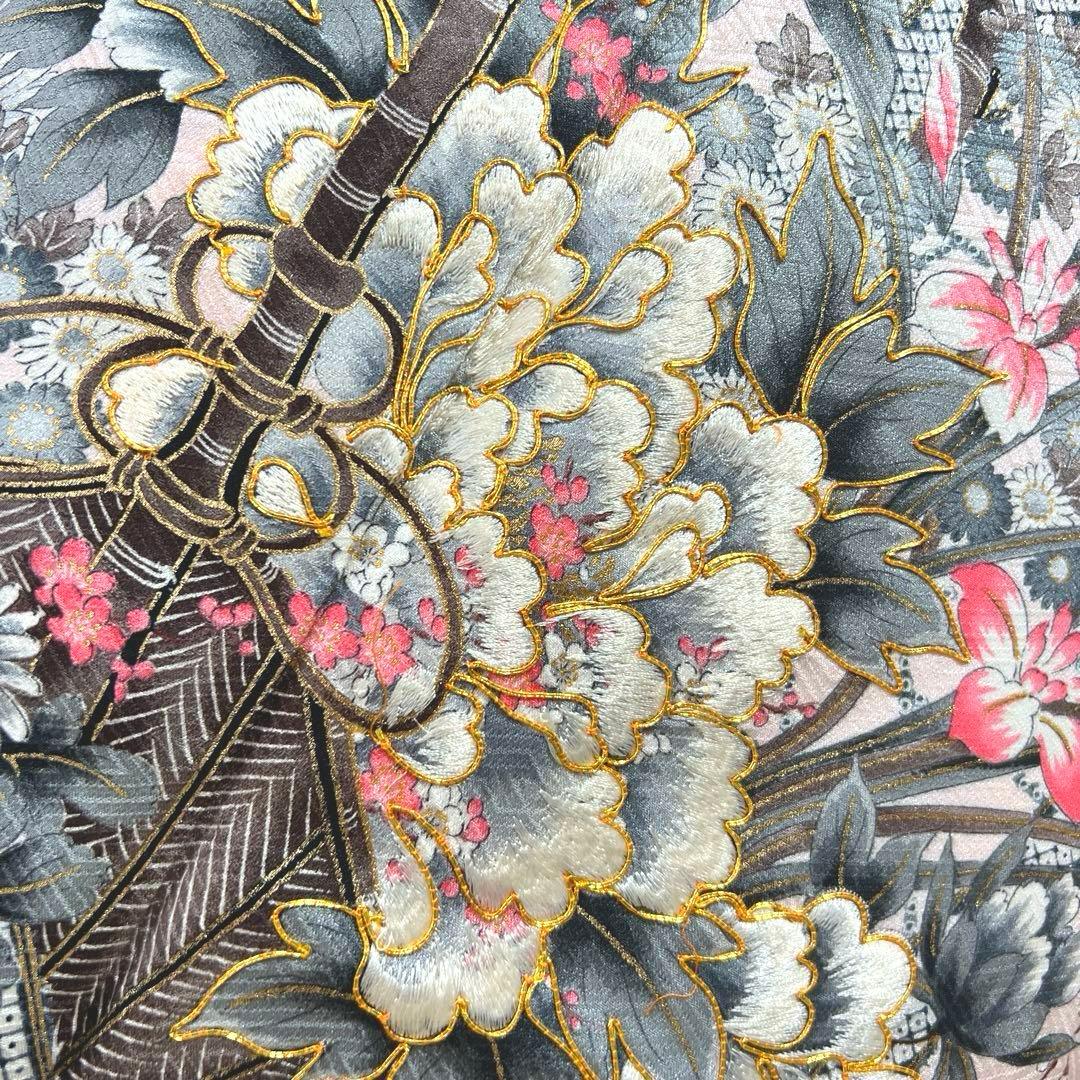 384 振袖フルセット 正絹 ピンク 桃 金彩 刺繍 駒刺繍 フェミニン 総柄