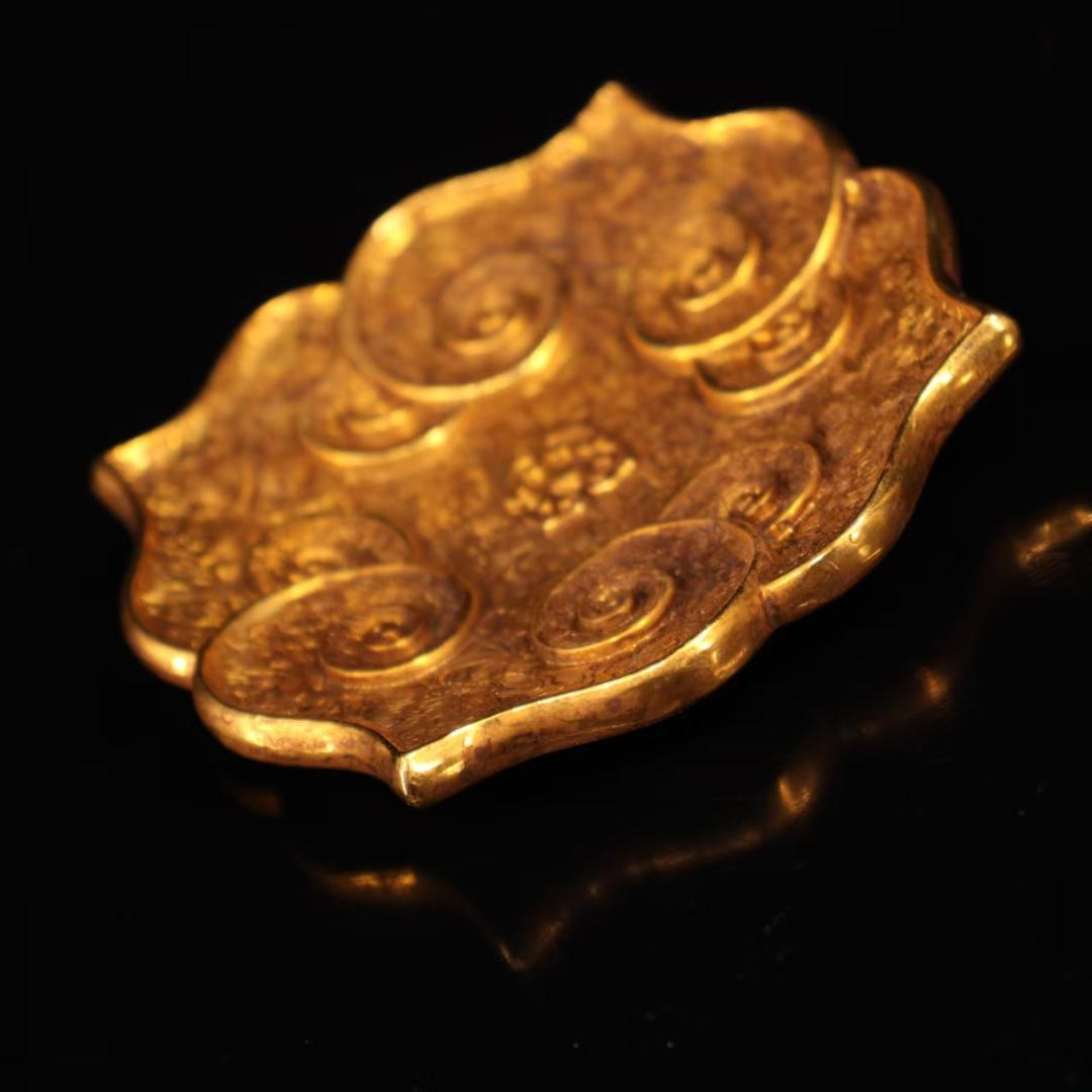 中国古美術『旧蔵 鍍金銅皿』純銅手作り 小盤 極細工 古銅器 置物 擺件 時代物