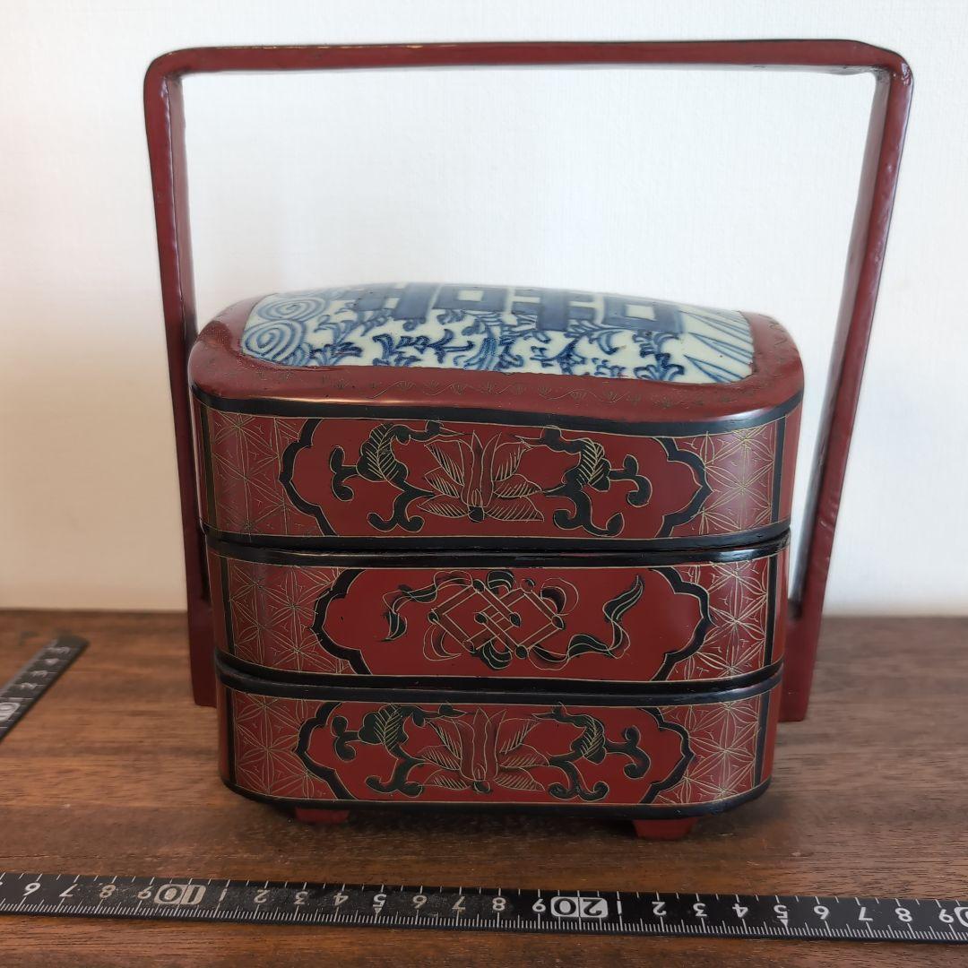 中国古玩　古染付上蓋　三段取手付重　漆器 菓子器・喰籠 古美術　骨董