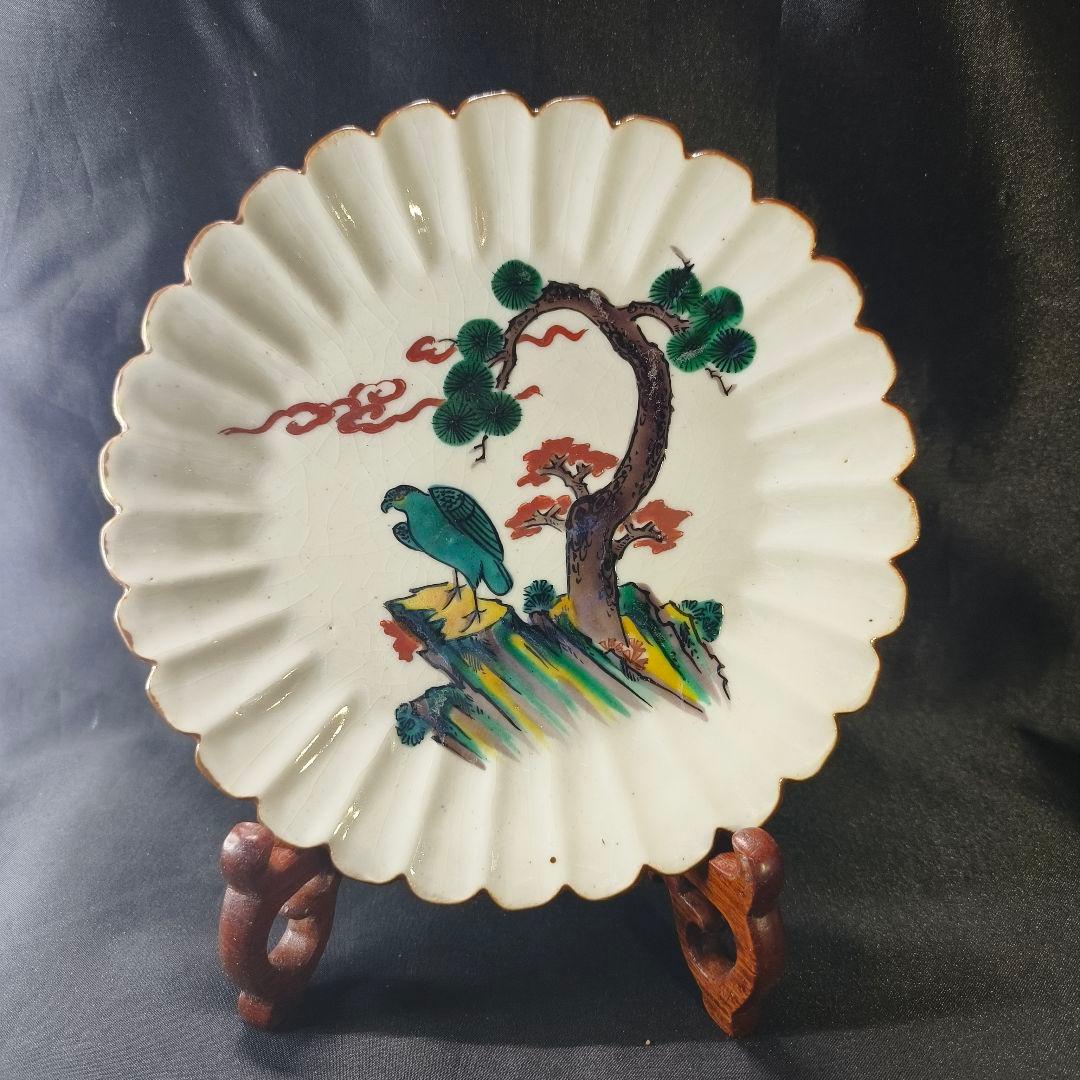 古九谷 中皿 角福 手描き 鷲風景文 口紅あり 江戸骨董 古美術 コレクター放出