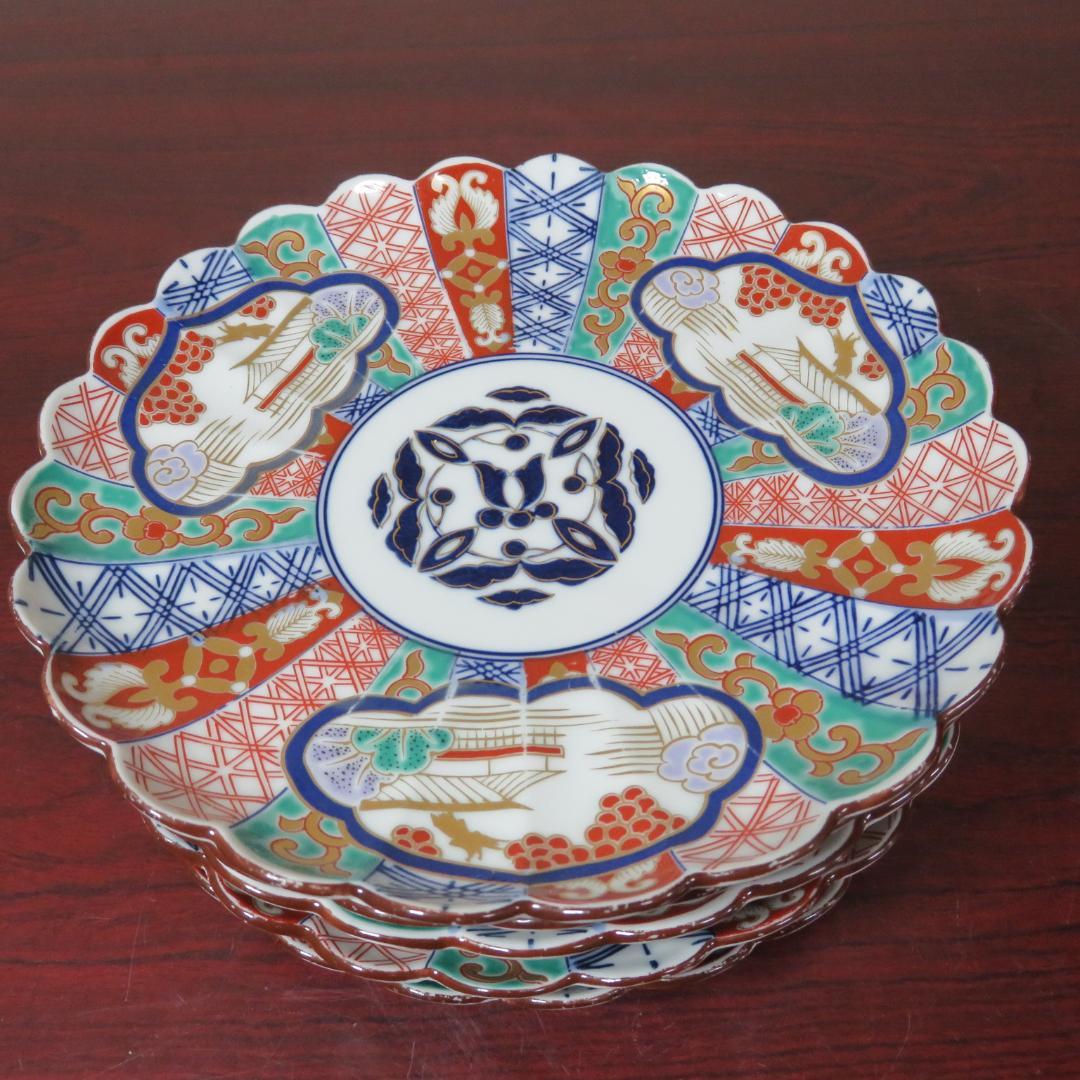 丸皿 林九郎 三方割元禄地紋 和文 花弁縁 色絵付 金彩 5枚