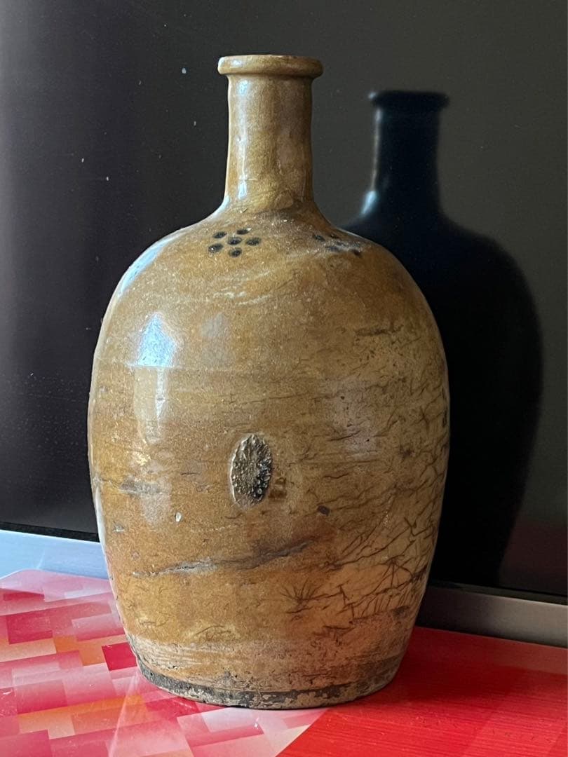 陶器製 古い徳利 黒い点模様