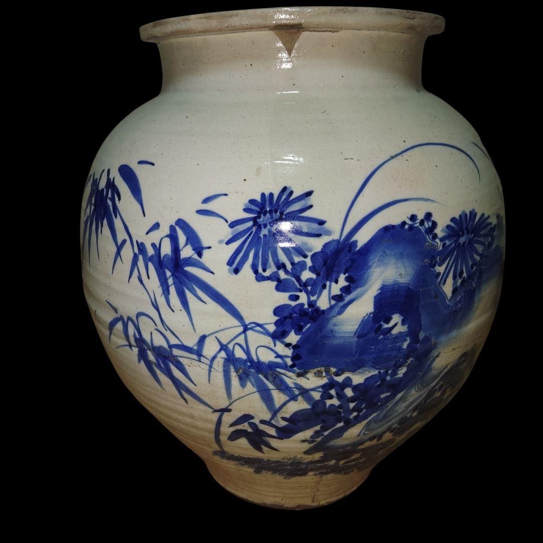 越後豊栄　太丘焼　四君子染付壺　明治美術　骨董品