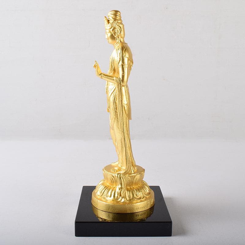 彫刻家　北村西望作　銅塗金　聖観音菩薩像　台付　北村治禧識箱　D　R8174