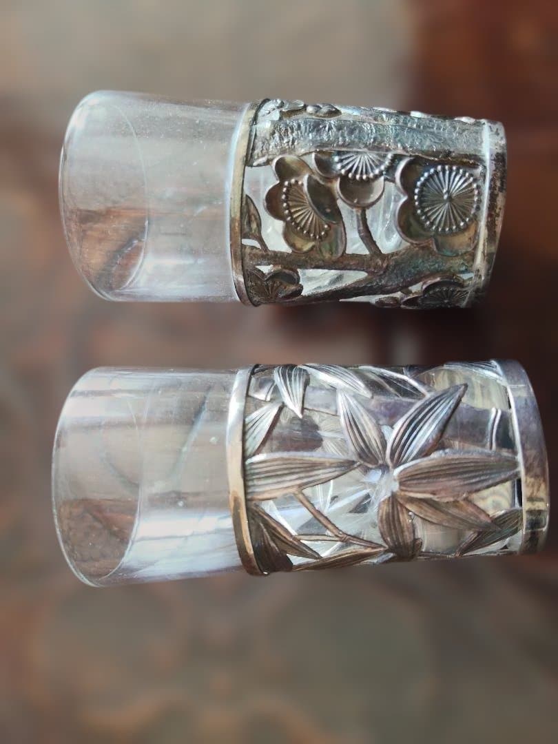 和製、シルバー、ガラス、酒器、2点セット、梅、笹