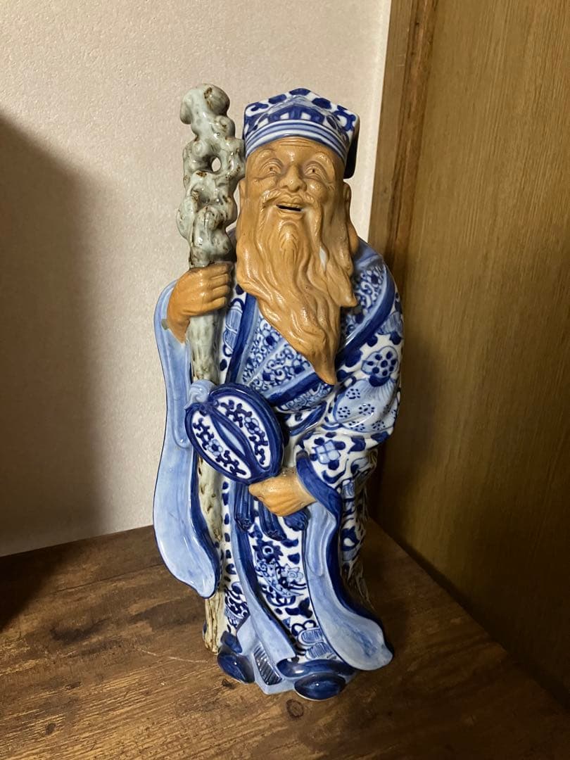 骨董）九谷焼 巨大陶器製　染付　七福神 寿老人 福禄寿　縁起物 置物　オブジェ