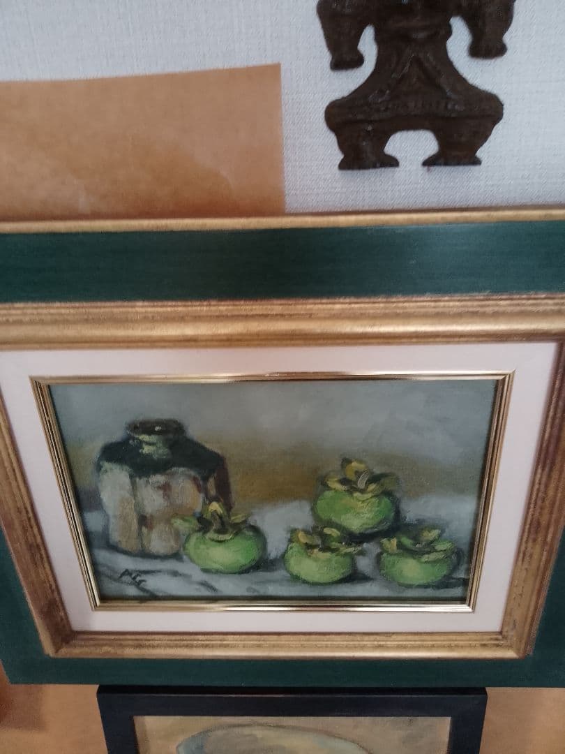 果物の静物 油彩画 緑と金のフレーム