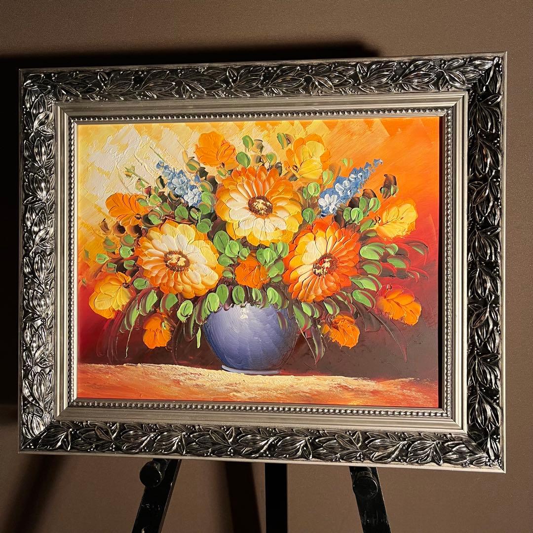 手書き油絵 花瓶の花 額付き 絵画 インテリア 油彩画