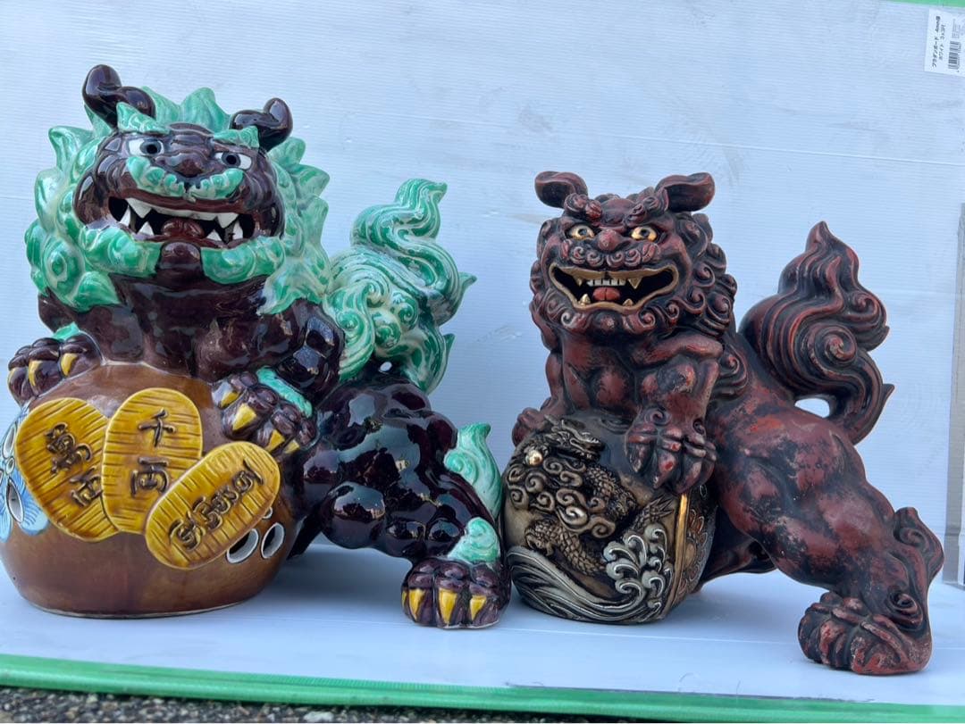 は*ま様 陶器製 獅子像 緑と茶色 約30cm