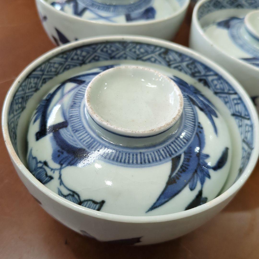 骨董　古伊万里　染め付け　蓋付き　茶碗　向付　アンティーク　5つ