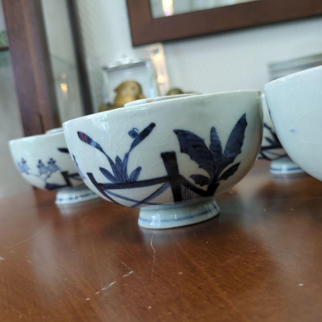 骨董　古伊万里　染め付け　蓋付き　茶碗　向付　アンティーク　5つ