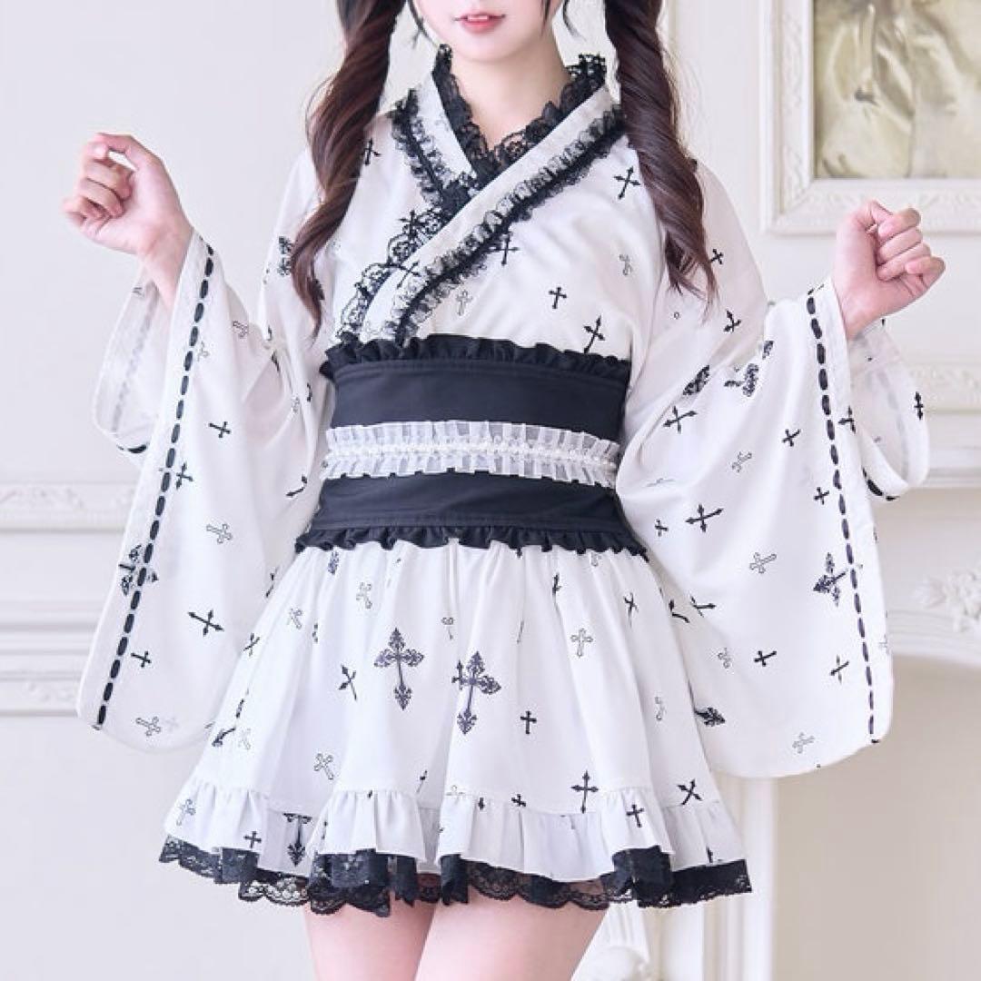 いくら丼様NoGenki ゴスクロスプリント浴衣セット 白 浴衣ドレス