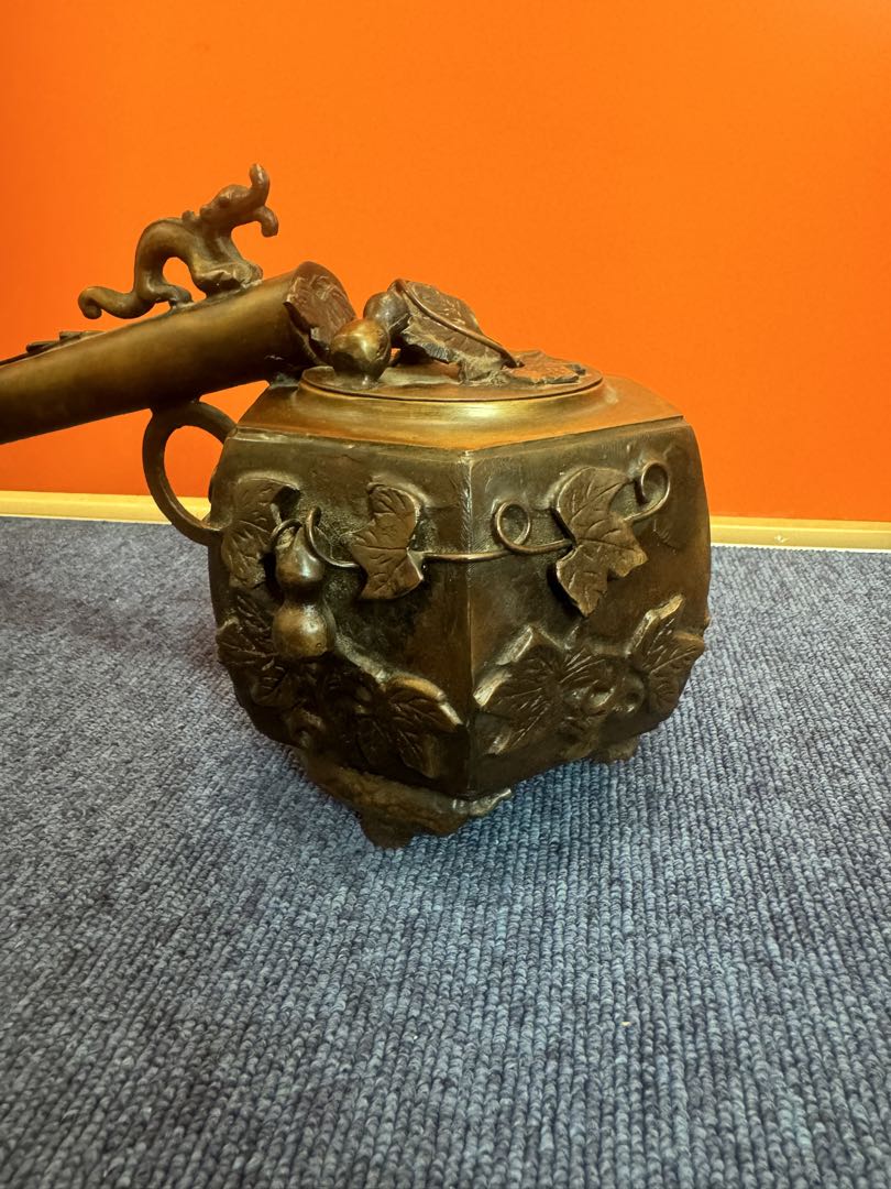 1624 中国美術　唐物　古玩　唐銅　瓢箪から駒図大矢立香炉　大明宣徳　時代物