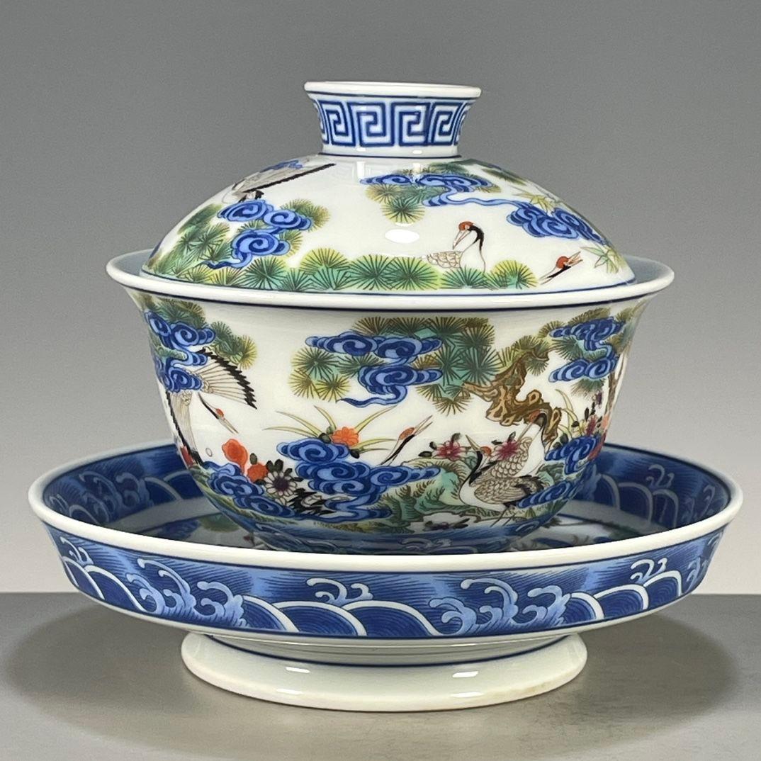 中国茶器 景德鎮 五色松鶴献寿図三才蓋碗 茶碗 新品未使用