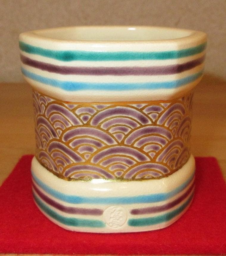 送料込【逢絢亭・新品】茶道具 蓋置 京焼 六角 青海波の絵 手塚石雲 共箱入り