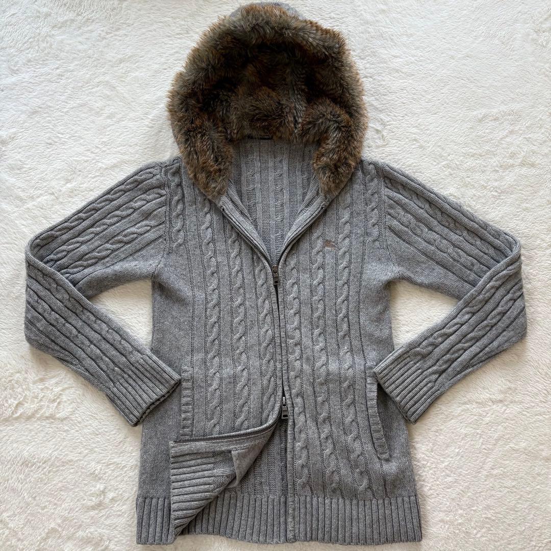 バーバリーブラックレーベル　ケーブルニット パーカー　ファー　グレー　M