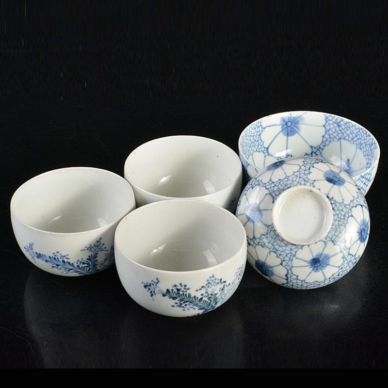 平戸焼　古平戸　染付 花鳥文煎茶碗　3客　氷裂花文蓋碗　まとめて　C　R6872