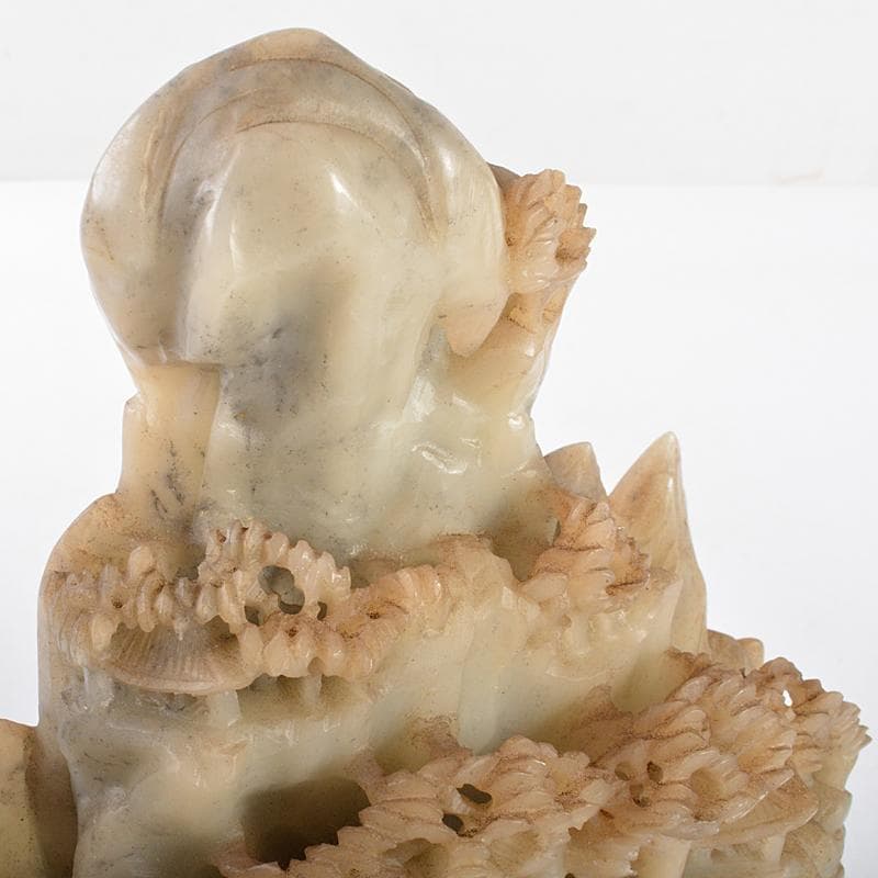 中国　玉石寿山石彫刻　楼閣山水雕　床飾　置物　V　R5747