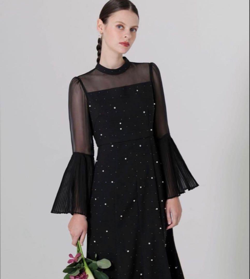 【美品】LEJAパールビジュープリーツフレアスリーブマーメイドワンピースドレス