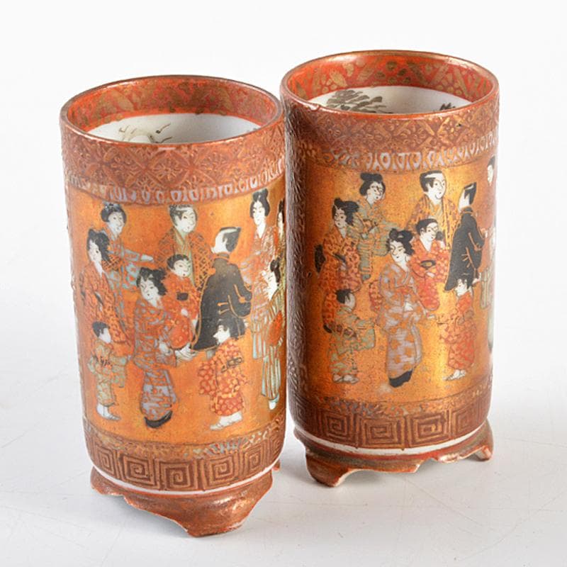 九谷焼　古九谷　日本村顕　色絵金彩　山水人物文　茶巾筒　一對　F　R6033