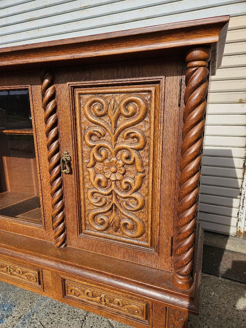 ヴィンテージ 日家工芸株式会社 木彫りのサイドボード ガラス 飾り棚 家具