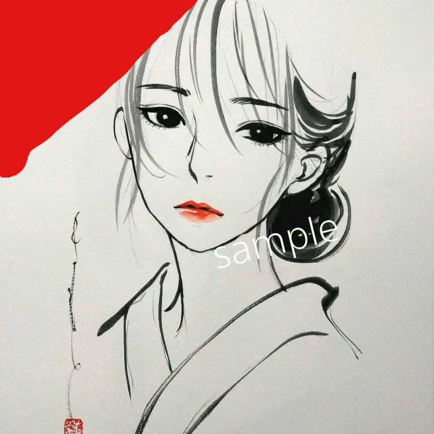 専用　肉筆原画　絵画　水彩画　ドローイング　A4サイズ　墨絵　和装　美人画風