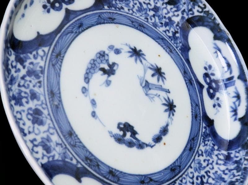 古伊万里　染付 窓絵　松竹梅に萩唐草の図　５寸半皿　291AS-CWt